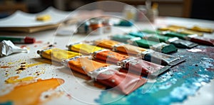 Disarrayed Art Supplies on a Creative Workspace A top down view of a cluttered art studio table. Strewn across the surface are