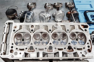 Disassemble engine block vehicle. Motor capital repair. Sixteen valve and four cylinder. Car service concept. The job of