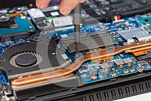 Disassemble the laptop for repair, chips, processor and boards inside the computer