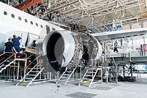 Disassembled airplane for repair and modernization in jet hangar
