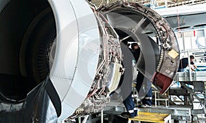 Disassembled airplane for repair and modernization in jet hangar