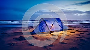 Disassembled blue tent on sandy beach at seacoast. Adventure travel concept