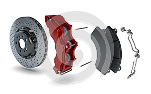 Disassembled Brake Disc with Red Calliper from a Racing Car photo