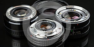 Disassembled camera lenses on black background