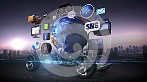 Disassembled car, Car infotainment system, network. car connect internet, social media service. future car technology.3.