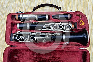 Disassembled clarinet in its case