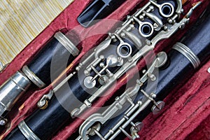Disassembled clarinet in its case