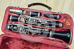 Disassembled clarinet in its case