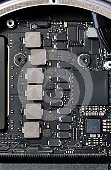 Disassembled computer inside of device desktop close up view background