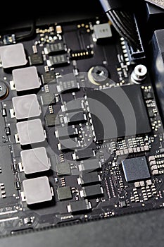 Disassembled computer inside of device desktop close up view background