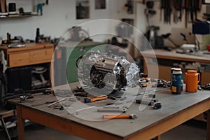 Disassembled engine on a workbench surrounded by tools in a mechanical workshop