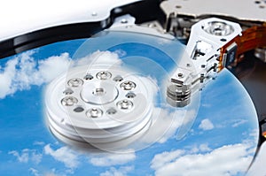 disassembled hard drive with the backdrop of clouds, the concept of cloud storage on white background, hdd, hard disk drive