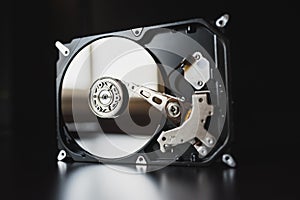 Disassembled hard drive from the computer (hdd) with mirror effects. Part of computer (pc, laptop)