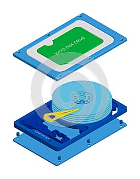 Disassembled hard drive in isometry, realistic performance. Device circuit smart device. Isolated vector on white background