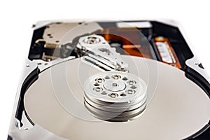 disassembled hard drive on white background, hdd, hard disk drive