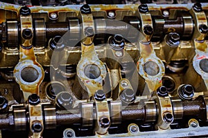 Disassembled internal combustion engine, close-up of the unit head, replacement of gaskets