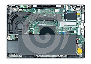 Disassembled laptop for cleaning or repair back view, isolated on white background. File contains a path to isolation