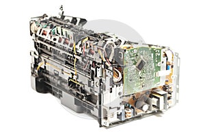 Disassembled laser printer isolated on white background.