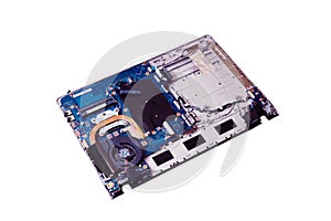 Disassembled notebook on white background, isolated on a white background. Checking the processor and motherboard for computer