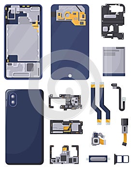 Disassembled phone. Smartphone repair parts, electronic components inside mobile smart phones, broken cellphone hardware