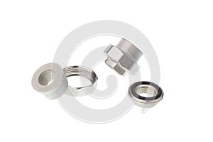 Disassembled plastic PPR straight metal thread coupling for water pipes, isolated on white background