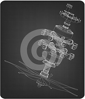 Disassembled radial engine on a gray