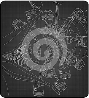 Disassembled radial engine on a gray