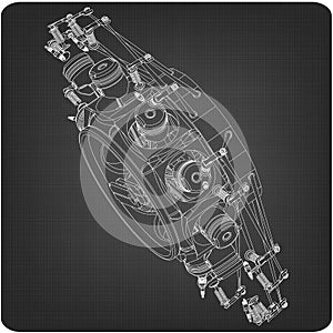 Disassembled radial engine on a gray