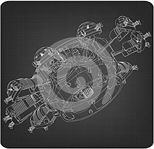 Disassembled radial engine on a gray