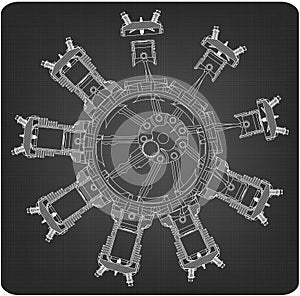 Disassembled radial engine on a gray