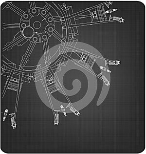 Disassembled radial engine on a gray