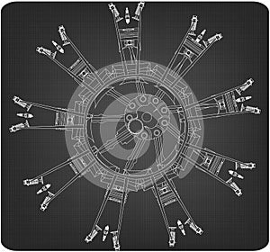 Disassembled radial engine on a gray