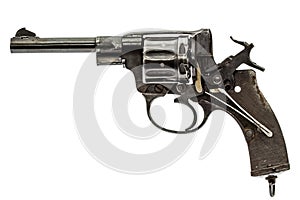 Disassembled revolver, pistol mechanism with the hammer cocked,
