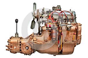 Disassembled vintage car engine with transmission and gear shift isolated on a white background