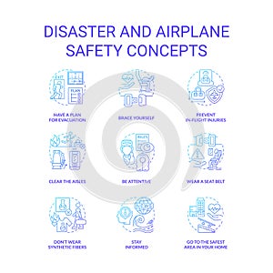 Disaster and airplane safety blue gradient concept icons set