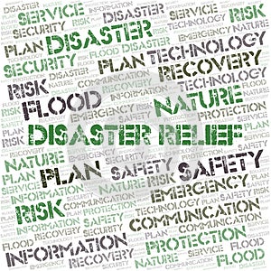 Disaster Relief typography word cloud.