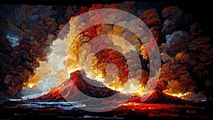disaster scene of volcanos, illustration force of nature, ai generated image