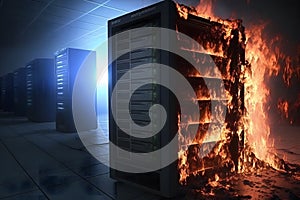 Disaster in server room or data center storage room on fire burning. Neural network generated art