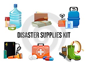 Disaster supplies kit set in cartoon style