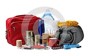 Disaster supply kit for earthquake on background