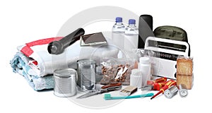 Disaster supply kit for earthquake on white background