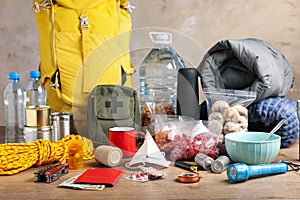 Disaster supply kit for earthquake on wooden table