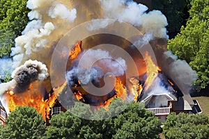 Disasters, fire, aerial view of residential house in suburb on fire, created with Generative AI