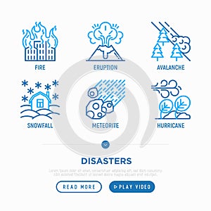 Disasters thin line icons set: fire, hurricane, snowfall, eruption, meteorite, avalanche. Vector illustration