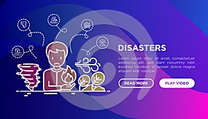 Disasters web page template with thin line icons: tornado, hurricane, thunderstorm. Vector illustration on gradient background