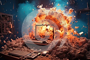 Disastrous Computer desktop exploding. Generate Ai