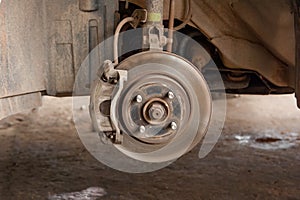 Disc brake of car, close-up of the front brake pads
