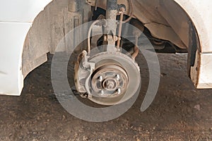 Disc brake of car, close-up of the front brake pads