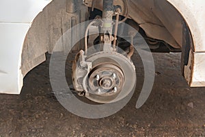 Disc brake of car, close-up of the front brake pads