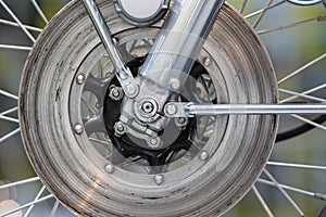 Disc brake wheel mecahnics. Motorbike mechanical engineering in
